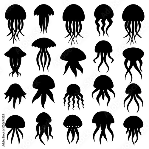Sets of jellyfish full black silhouette Vector Illustration SVG or Transparent PNG