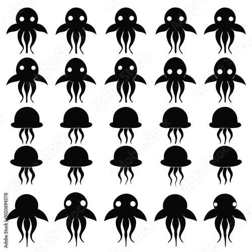 Sets of jellyfish full black silhouette Vector Illustration SVG or Transparent PNG