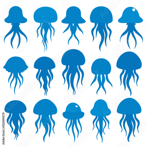 Sets of jellyfish full black silhouette Vector Illustration SVG or Transparent PNG