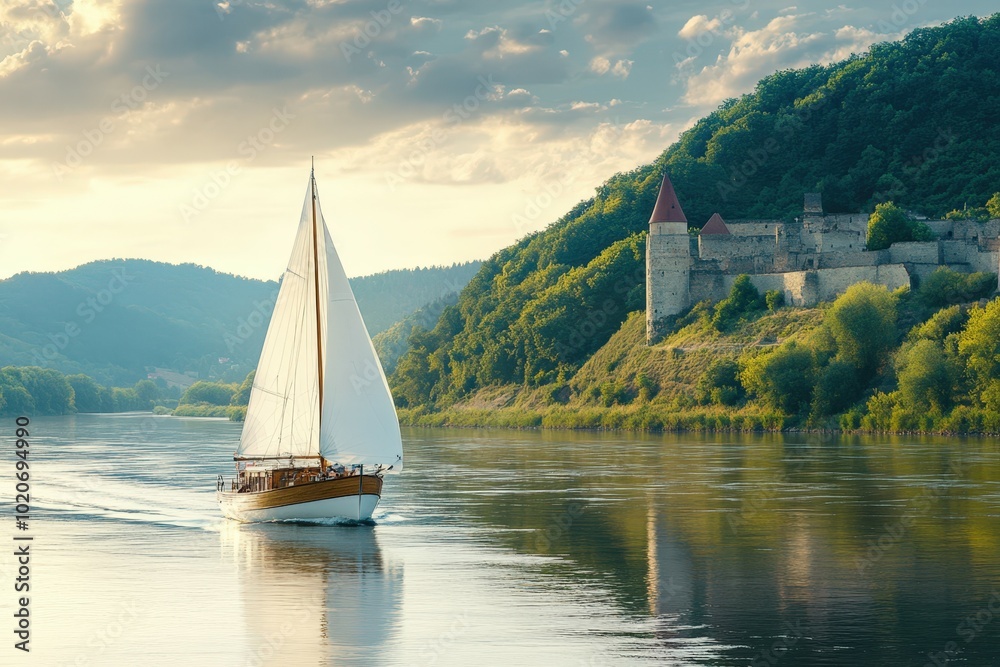 Obraz premium Sailing boat on a serene river with a medieval castle in the background
