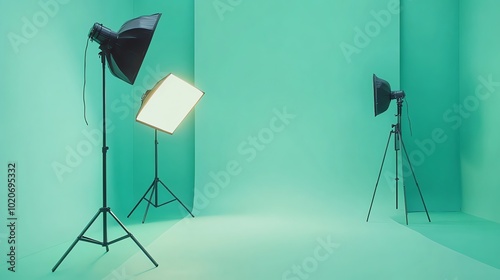 A photo studio with two lights and softboxes set up against a green backdrop. photo