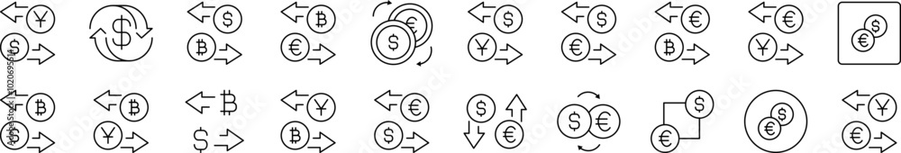 Currency Exchange Outline Icon Collection. Editable Stroke. Perfect for Infographics, Articles, Books, Flyers, Banners Currency Exchange Outline Icon Collection. Editable Stroke. Perfect for Infographics, Articles, Books, Flyers, Banners