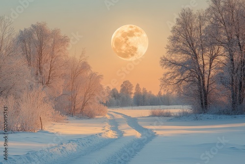 Serene winter landscape with full moon photo