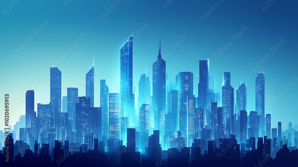 Futuristic Cityscape with Glowing Towers and Blue Sky Futuristic Cityscape with Glowing Towers and Blue Sky
