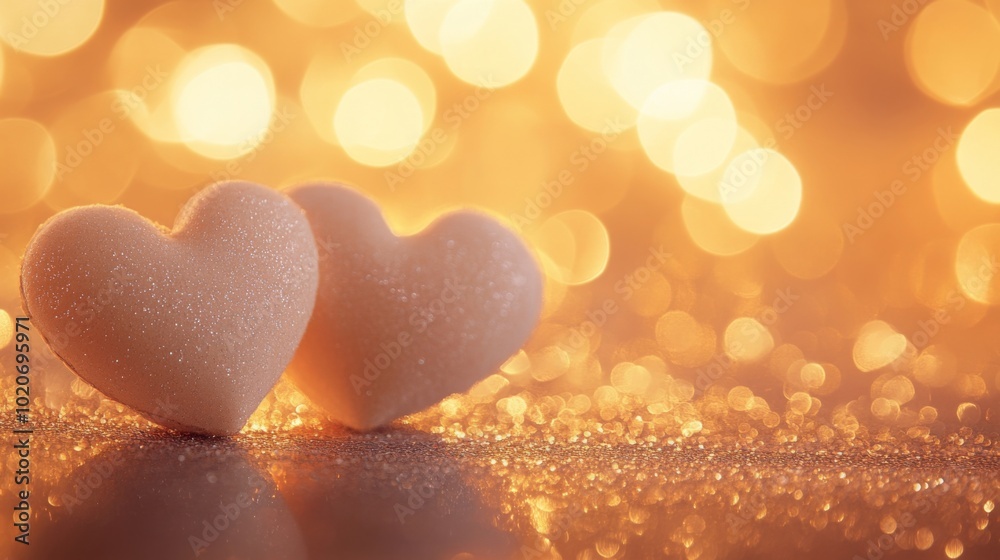 Fototapeta premium Two heart-shaped cushions resting on a shiny glitter surface with soft romantic light and floating heart bokeh in the background, warm color tones