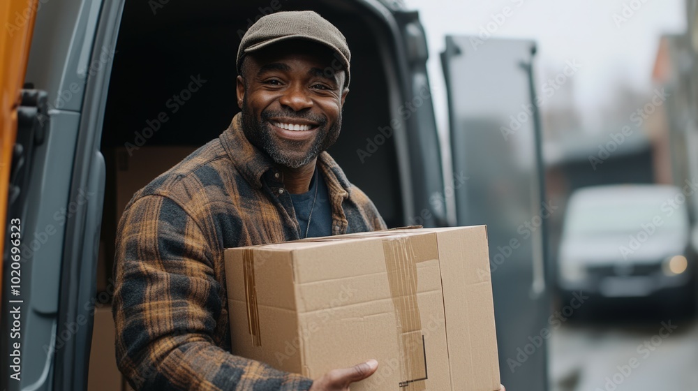Smiling delivery man holding cardboard box Smiling delivery man holding cardboard box