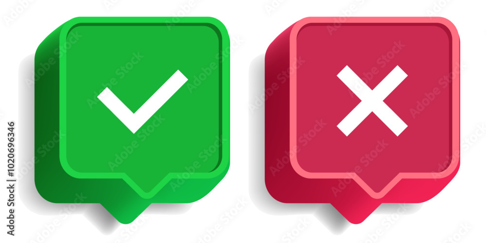 Check mark and cross sign set 3d style. Acceptance, rejection and attention symbol vector 10 eps