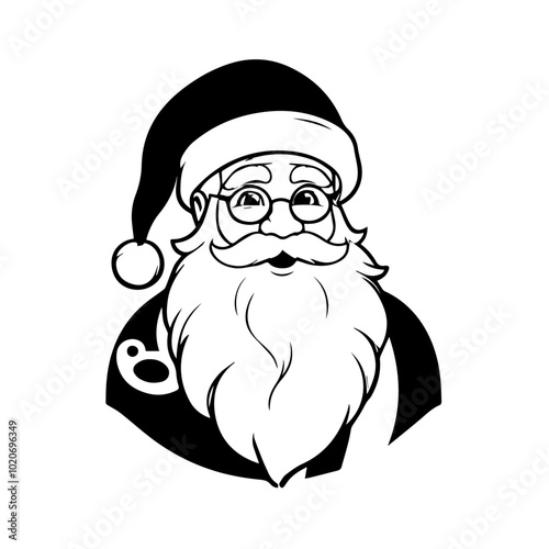 Classic Santa Claus Vector Illustration. Black and White Cartoon Christmas Art with Glasses and Beard. Perfect for Holiday Cards and Seasonal Branding.