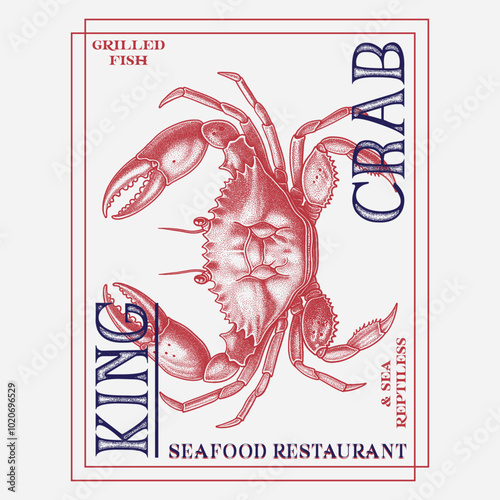 Crab, seafood, sketch. Vintage retro print, seafood crab sketch, logo sign template, ink pencil style drawing, engrave old school. Sketch artwork crab, template sign, logo, symbol. Illustration