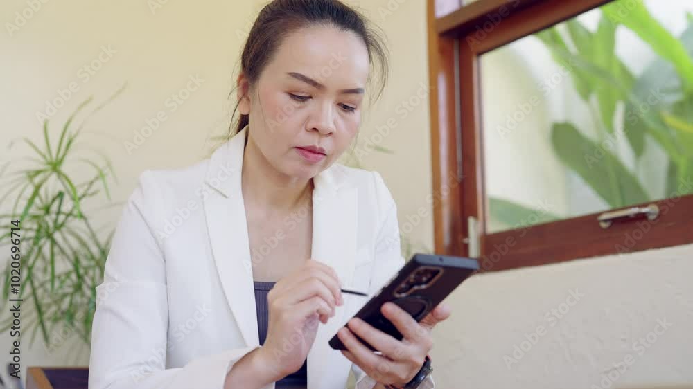 A woman in a white jacket is looking at her cell phone. She is holding a pen and a piece of paper A woman in a white jacket is looking at her cell phone. She is holding a pen and a piece of paper