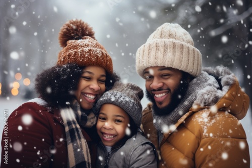 Portrait of a African American family smiling in front of house during snowfall