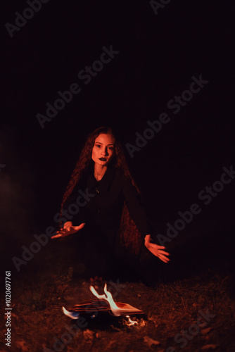 Witch casts a spell over a burning book, mysticism, Halloween, goth woman photo