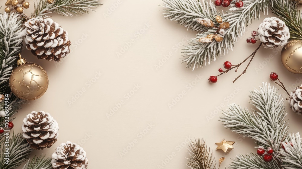 Christmas frame made of frosted pine branches, pine cones, gold jewelry and red berries on a beige background, a place for text Christmas frame made of frosted pine branches, pine cones, gold jewelry and red berries on a beige background, a place for text