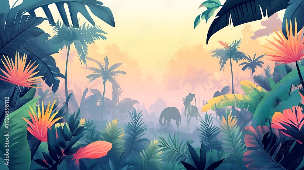 A Tropical Jungle Scene with Palm Trees and Lush Foliage A Tropical Jungle Scene with Palm Trees and Lush Foliage