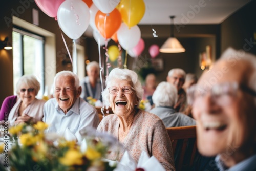 Group portrait of diverse seniors celebrating birthday in nursing home
