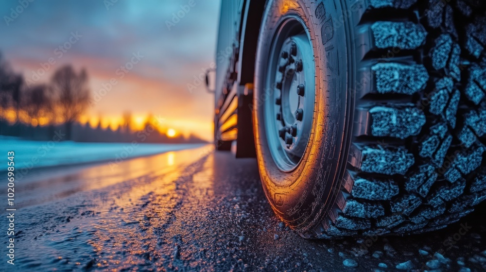 Snowy winter landscape with car tire reflection Snowy winter landscape with car tire reflection