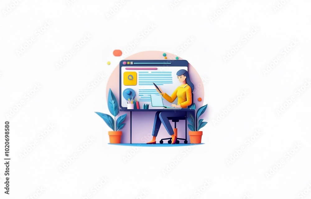 A woman sits at a desk in front of a computer, working on a project. She is wearing a yellow sweater and has long brown hair. A woman sits at a desk in front of a computer, working on a project. She is wearing a yellow sweater and has long brown hair.