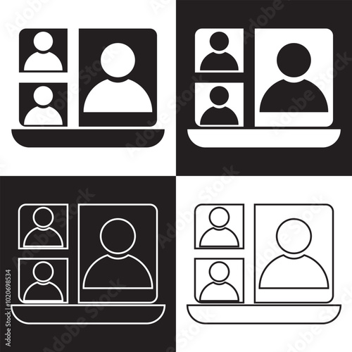 online conference business meeting digital communication icon set remote work office mobile video call  teamwork discussion symbol outline design.  isolated on white and black background. EPS 10