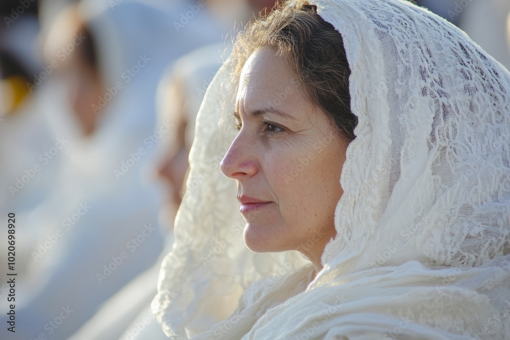 Contemplative woman in lace headscarf at outdoor gathering Contemplative woman in lace headscarf at outdoor gathering