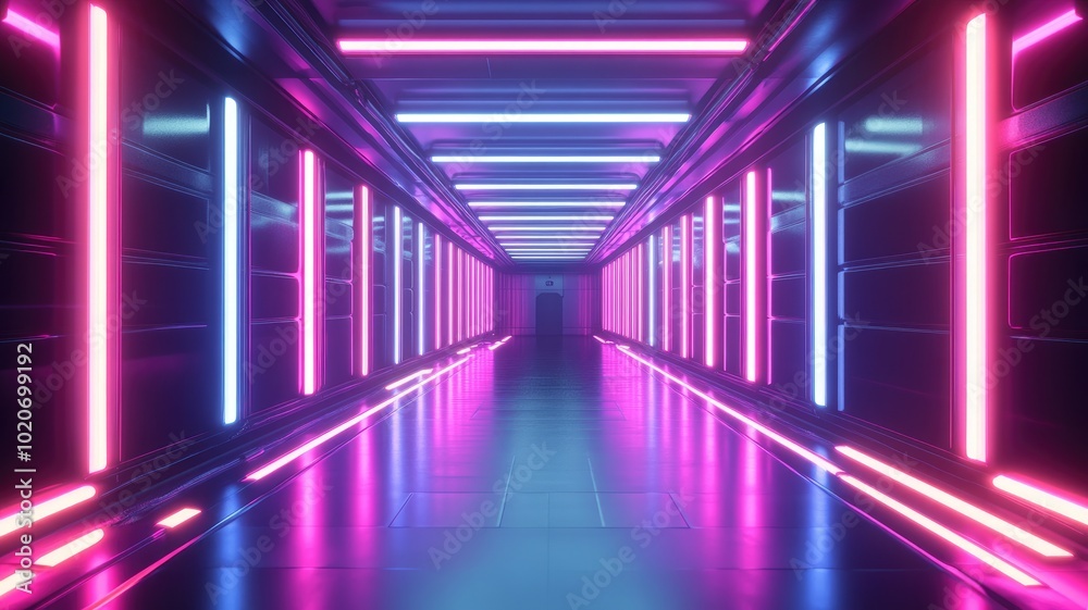 Futuristic Corridor Illuminated by Pink and Blue Neon Lights Futuristic Corridor Illuminated by Pink and Blue Neon Lights
