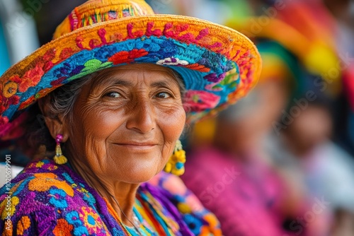 Smiling elderly woman in colorful traditional attire and hat at cultural festival