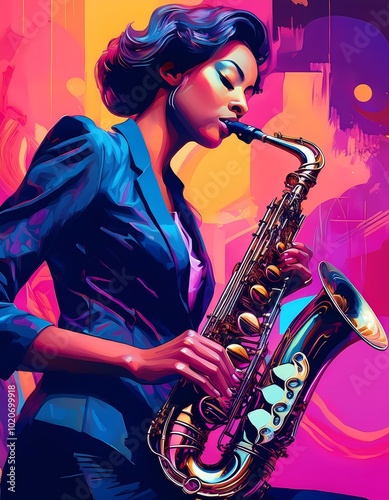 painting of beautiful woman playing the saxophone, set against a colorful abstract background, jazz music themed photo