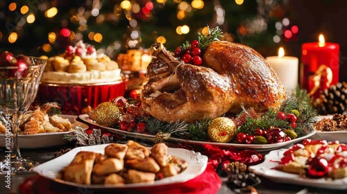 Festive Christmas dinner with roast turkey and desserts photo