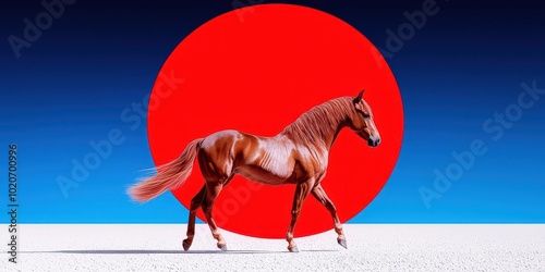 A majestic horse trotting against a vibrant red circle backdrop.