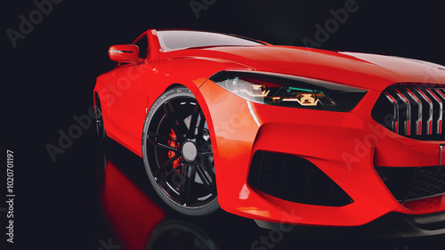 Photography Close-up of a sleek red sports car that features an aggressive front design