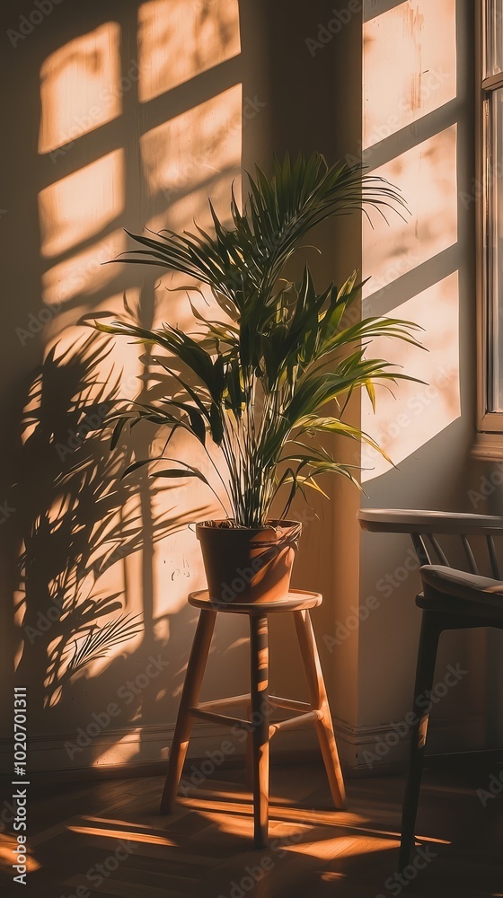 A lush green plant sitting on a wooden stool, casting beautiful shadows in sunlight, creating a tranquil and inviting atmosphere. A lush green plant sitting on a wooden stool, casting beautiful shadows in sunlight, creating a tranquil and inviting atmosphere.
