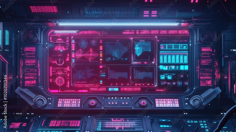 Futuristic Sci-Fi Control Panel with Glowing Neon Lights and Digital Displays Futuristic Sci-Fi Control Panel with Glowing Neon Lights and Digital Displays
