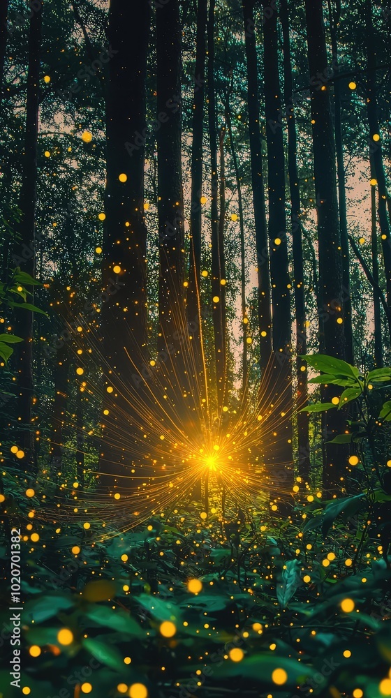 Naklejka premium A magical forest scene illuminated by glowing fireflies, surrounded by tall trees and lush greenery, creating a captivating atmosphere.