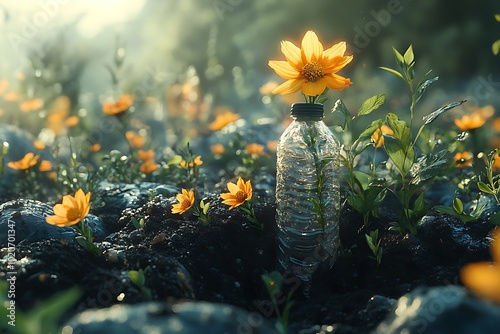 A single flower grows from a plastic bottle discarded in nature.