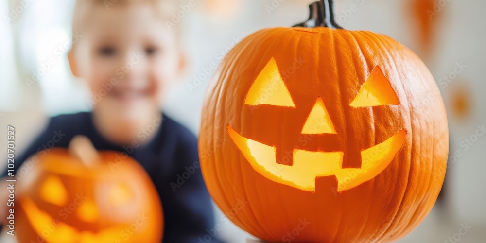 A cheerful child holds a carved pumpkin, highlighting the festive spirit of Halloween with playful decorations.