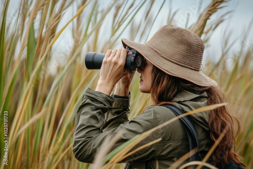 Woman birdwatching with binoculars in nature: exploring wildlife and adventure in the great outdoors