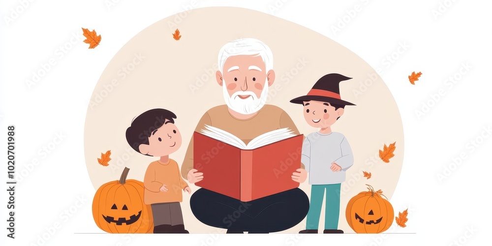 A cheerful grandfather reads a spooky story to two excited children surrounded by Halloween pumpkins and autumn leaves. A cheerful grandfather reads a spooky story to two excited children surrounded by Halloween pumpkins and autumn leaves.