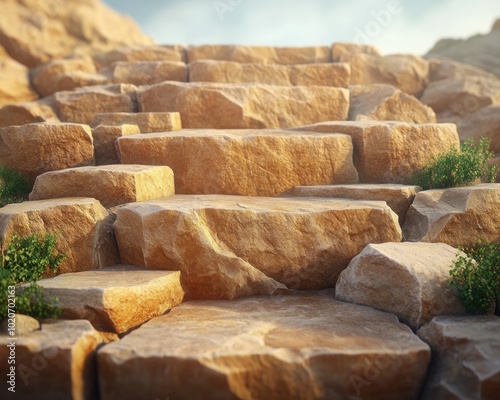 Natural Stone Steps Rugged Rock Formation with Uneven Brown Stone for a Raw and Organic Look, Perfect for Landscape Design, Architecture, and Nature Photography photo