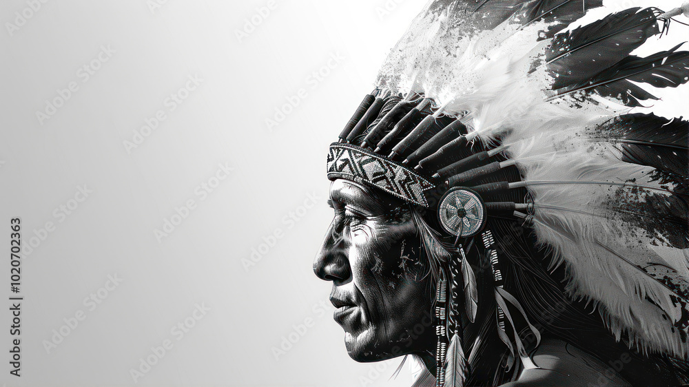 Obraz premium A Dynamic Side Profile Portrait of a Young Cherokee Warrior Adorned With Traditional Feathers, Captured in Natural Light Showcasing His Heritage