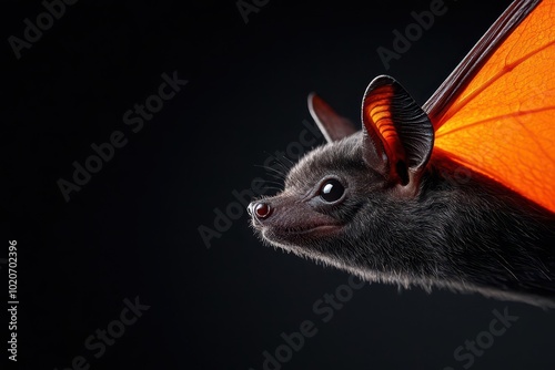 Close-up of a bat with vibrant orange wings against a dark background photo