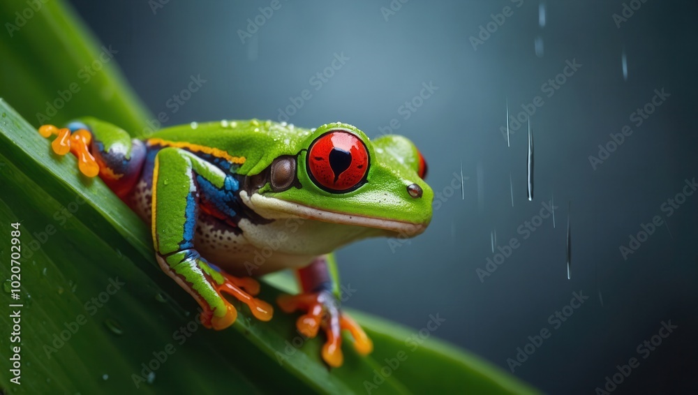 Naklejka premium Green red-eyed frog with orange feet perched on leaf looking at camera