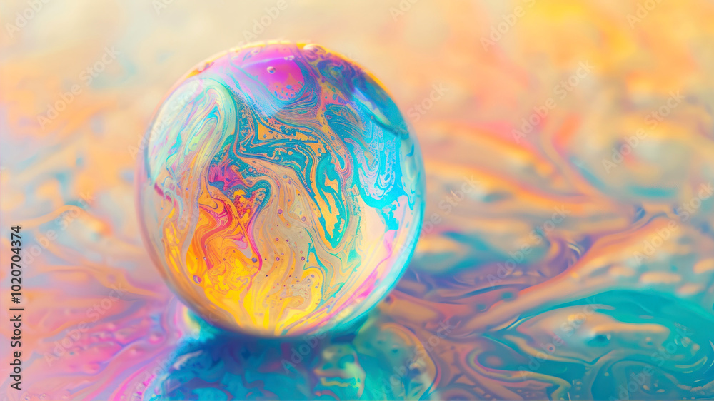 An Iridescent Soap Bubble Glimmers Atop a Vibrant, Swirling Background of Colors in a Playful Dance of Light and Reflection An Iridescent Soap Bubble Glimmers Atop a Vibrant, Swirling Background of Colors in a Playful Dance of Light and Reflection