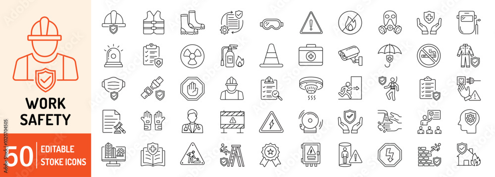 © VSK Graphics - Work Safety editable stroke outline web icons set. Safety first, hazard, protection, health, insurance, regulations, helmet and work. Vector illustration © VSK Graphics - Work Safety editable stroke outline web icons set. Safety first, hazard, protection, health, insurance, regulations, helmet and work. Vector illustration