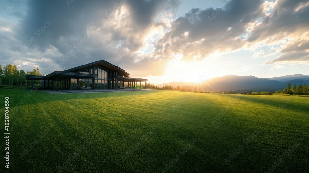 modern mountain lodge at sunset modern mountain lodge at sunset