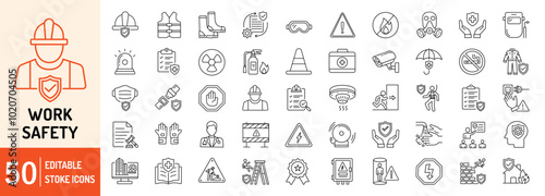 Work Safety editable stroke outline web icons set. Safety first, hazard, protection, health, insurance, regulations, helmet and work. Vector illustration