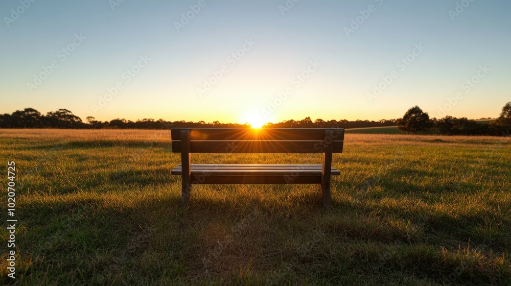 Peaceful sunset landscape with wooden bench Peaceful sunset landscape with wooden bench