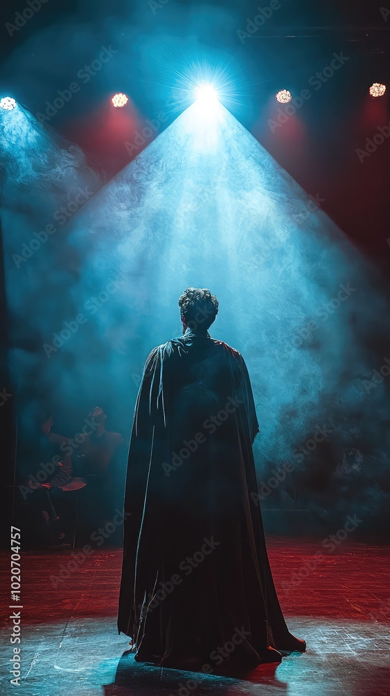 A performer stands in the spotlight, cloaked in mystery, as fog envelops the stage, creating a dramatic atmosphere. A performer stands in the spotlight, cloaked in mystery, as fog envelops the stage, creating a dramatic atmosphere.