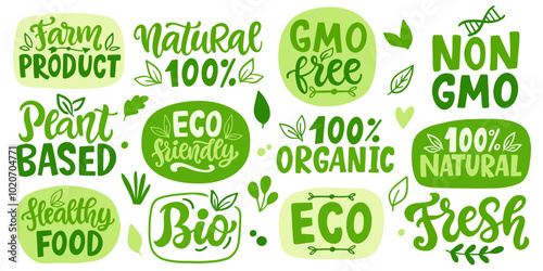 Eco Friendly Organic Food Vector Lettering Set