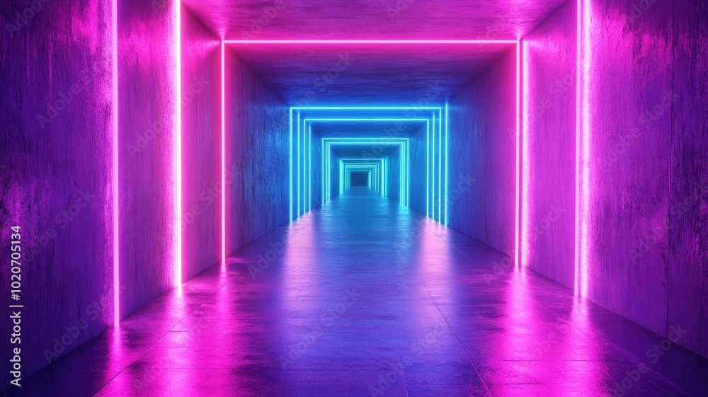 Neon-lit concrete corridor with pink and blue glowing lines Neon-lit concrete corridor with pink and blue glowing lines