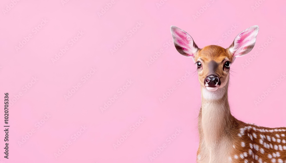 Fawn with cute features against a soft pink background, showcasing innocence. Fawn with cute features against a soft pink background, showcasing innocence.