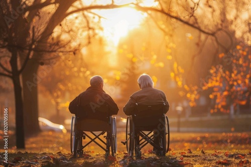 Nurse and old man who sits in a wheelchair watching the sunset in the park